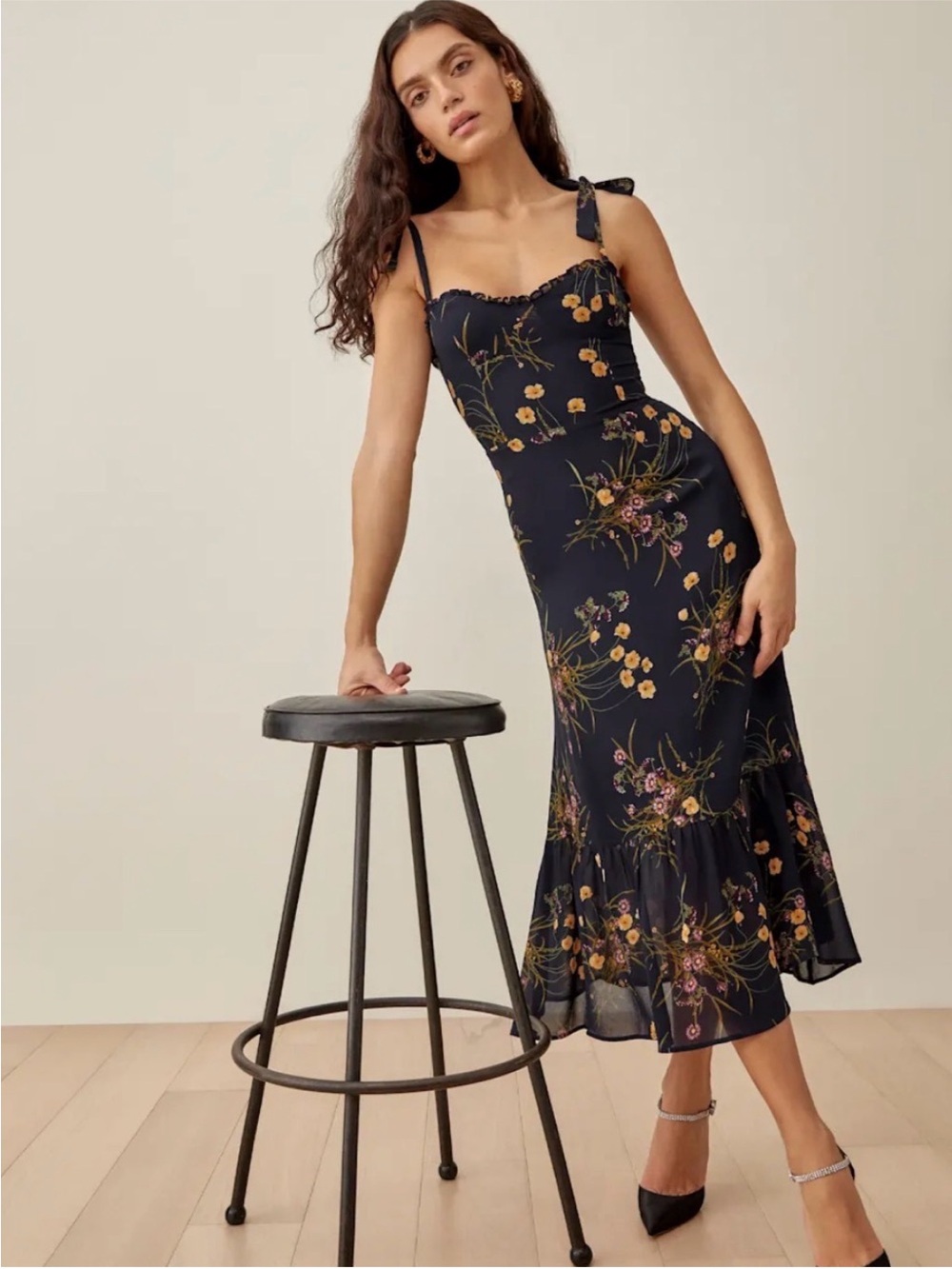 Reformation Nikita Dress: Navy Floral Tie-Shoulder Midi Dress Size XS (0)